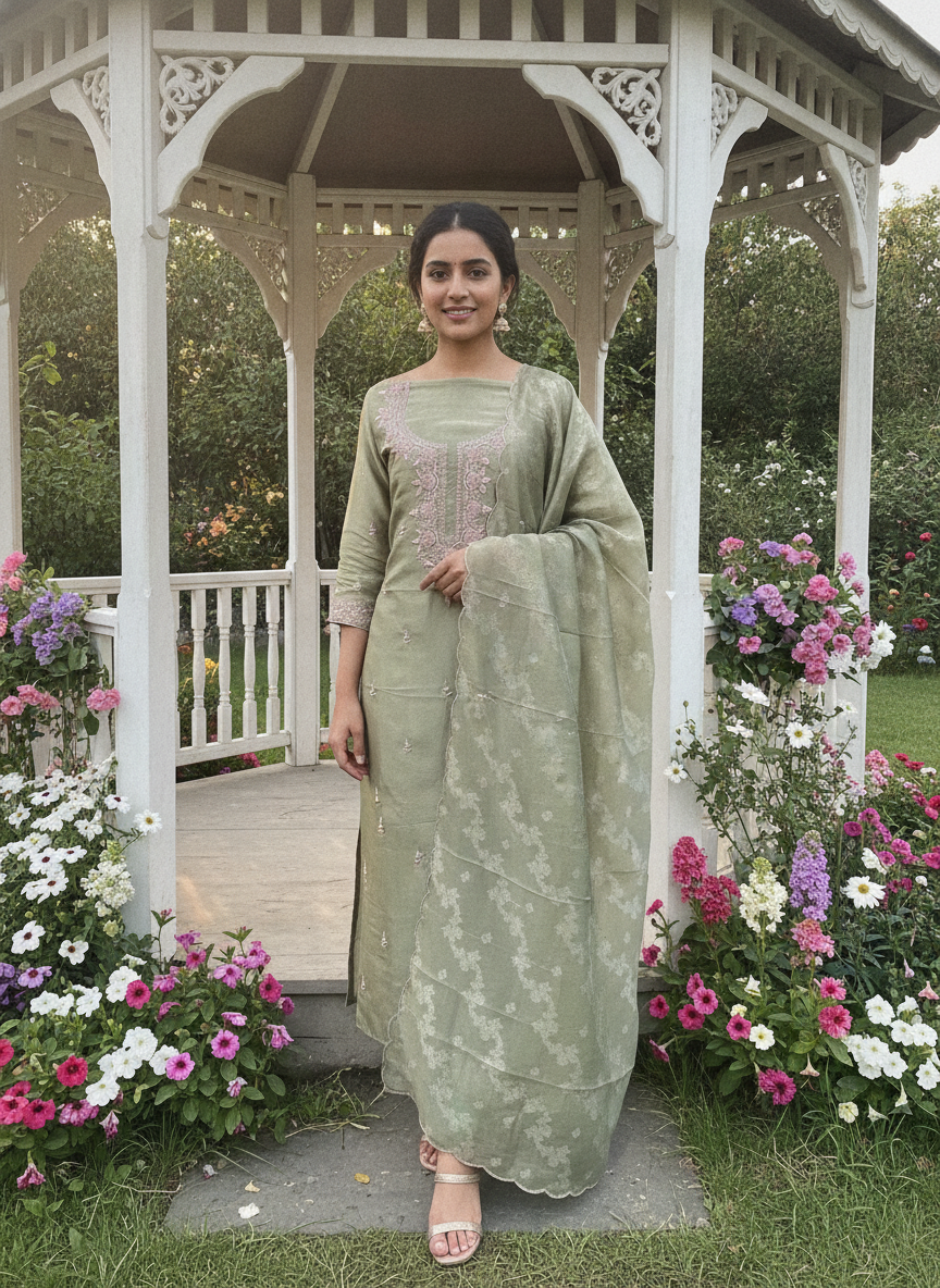 Emerald Tissue with Handwork Embroidery (58866)