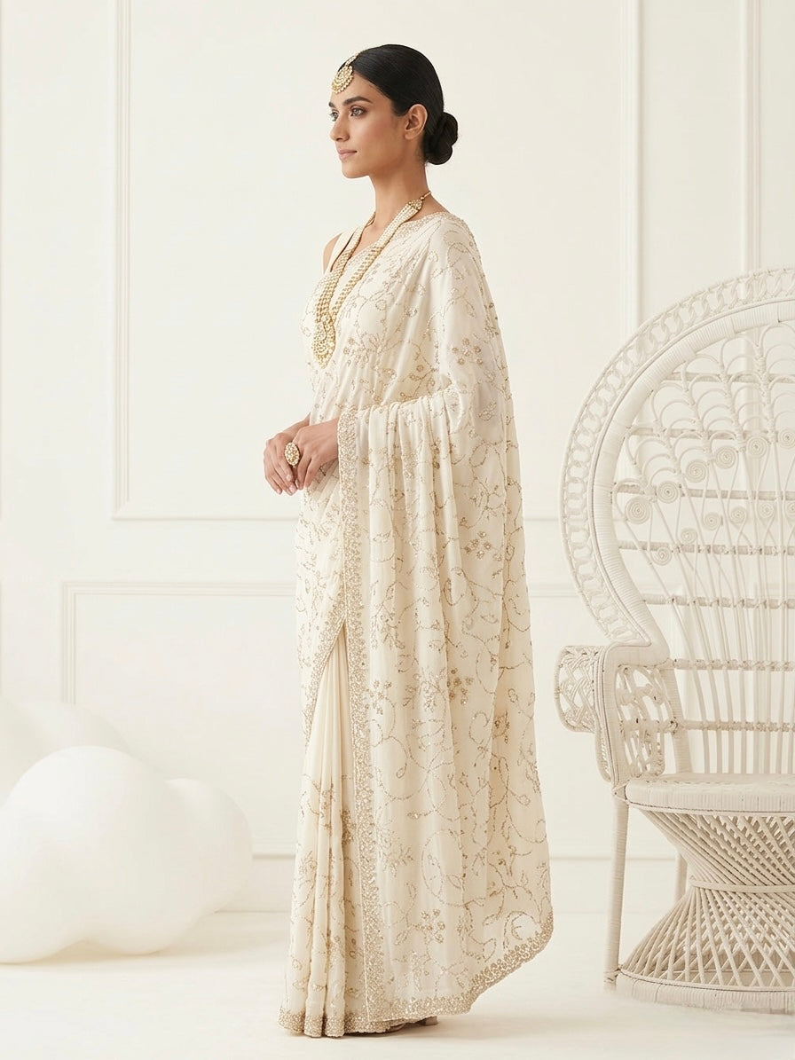 Cream Organza All Over Embroidered Saree (54581)