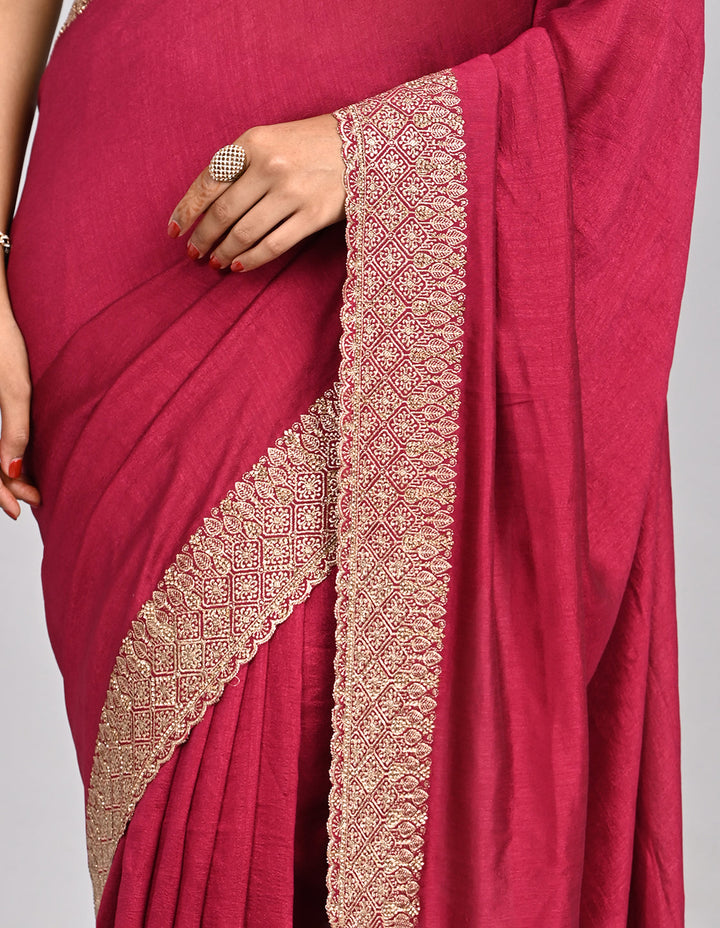 Iraaya – Wine Silk Saree with Zari Border & Self-Coloured Blouse | Fazals (48098)