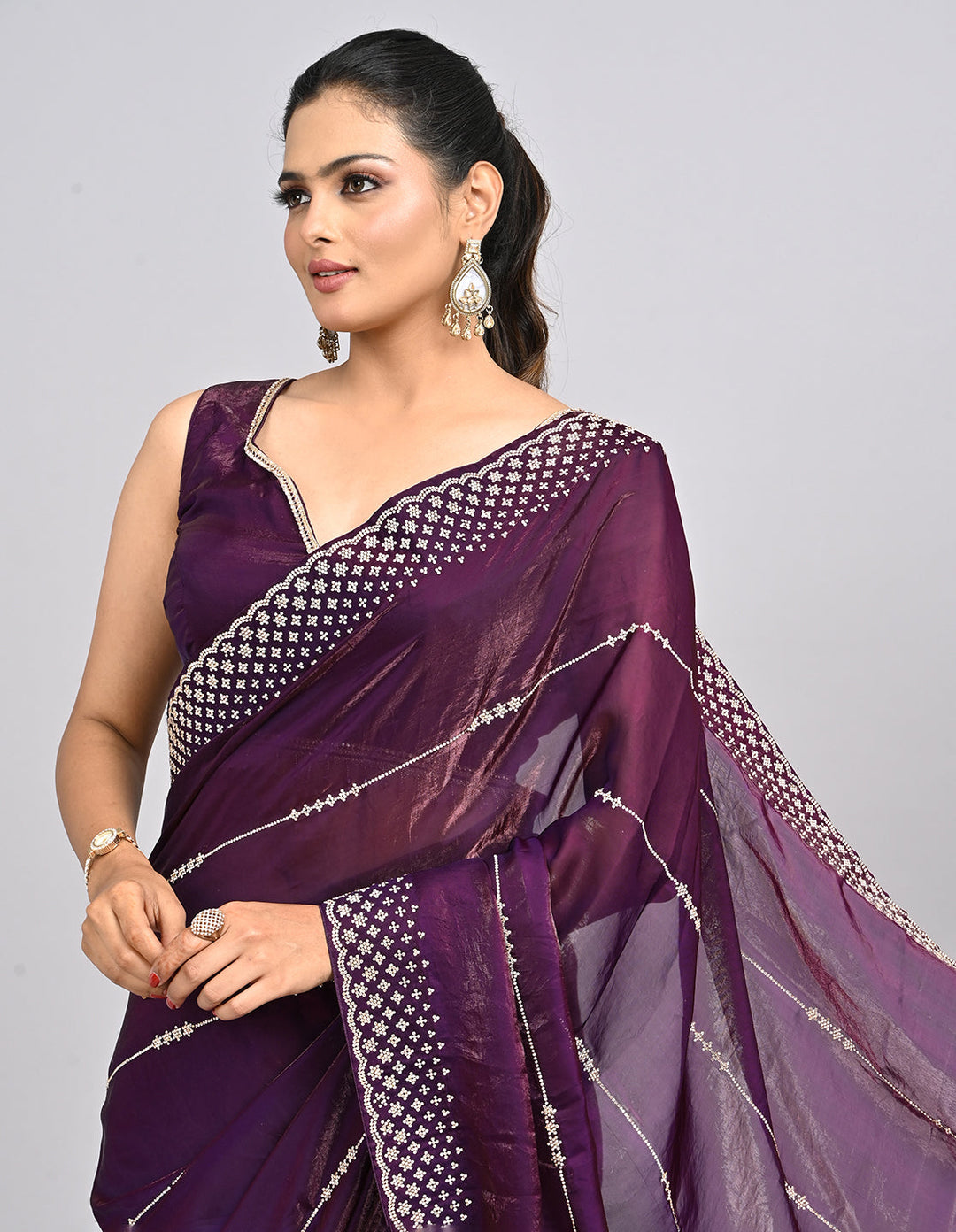 Mehr – Wine Organza Saree with Stonework & Self-Coloured Blouse | Fazals (48101)
