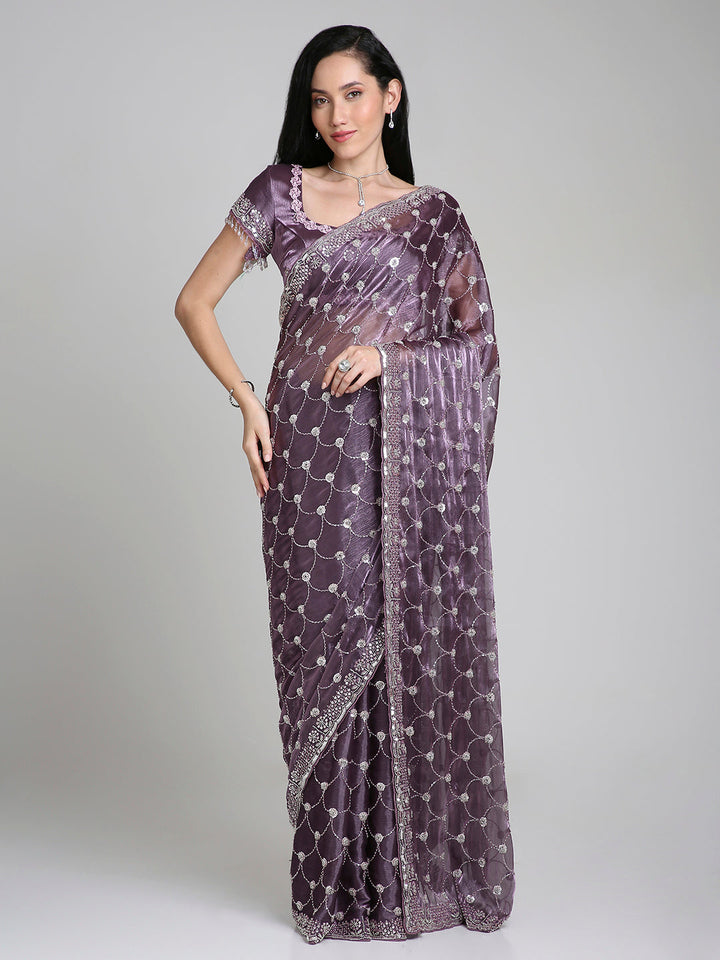 Meher – Lavender Purple Chinnon Saree with Pearl Embroidered Border | Fazals (43391)