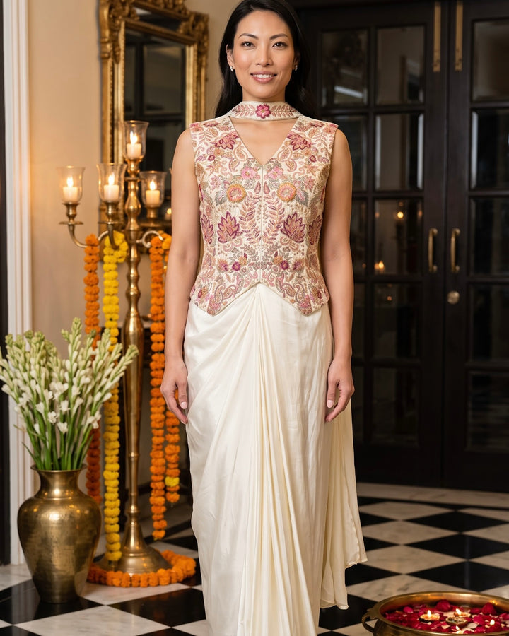 Cream crepe Saree with an Embroidered corset Top (60873)