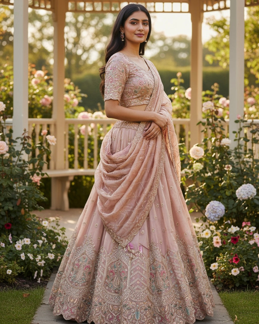Peach Organza Embroidered Bridal Dupatta (53162)