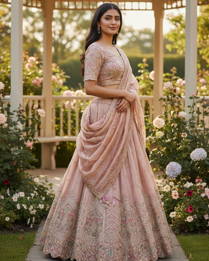 Peach Organza Embroidered Bridal Dupatta (53162)