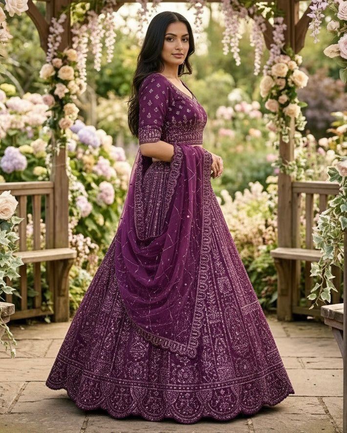 Purple Embroidered Net Dupatta with Heritage Elegance (55073)