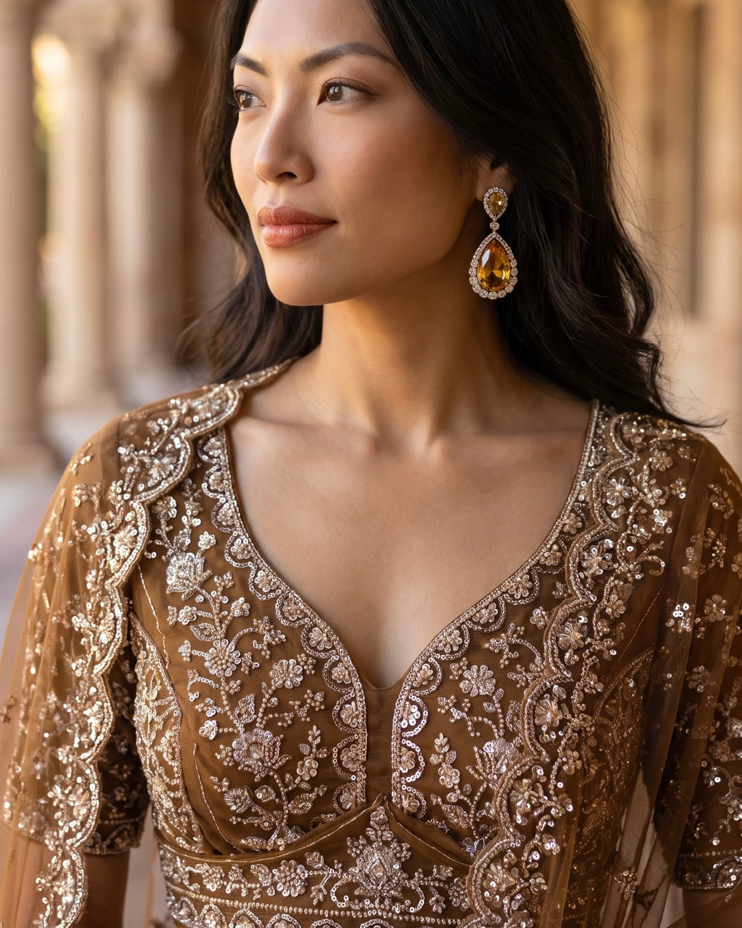 Embroidered Brown Net Bridal Lehenga (54308)