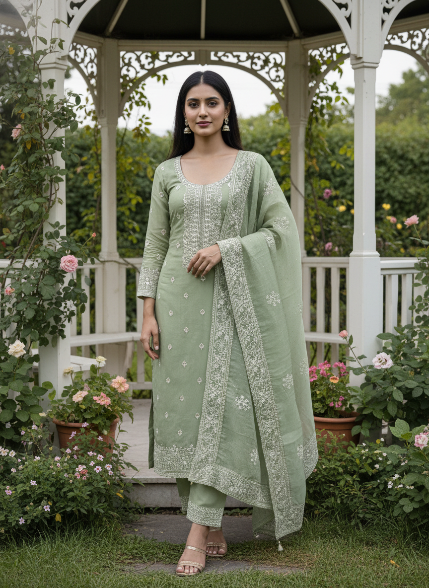 Verdant Embroidered Organza for Festive Elegance (55207)