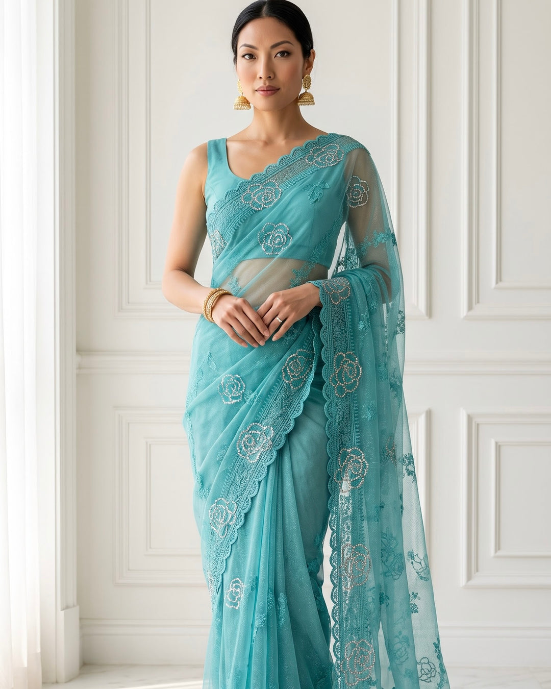 Embroidered Blue Georgette Festive Saree (37047)