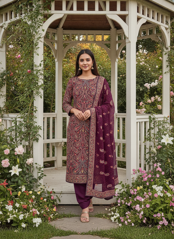 Wine Georgette Embroidered Festive Unstitched Ensemble (59614)