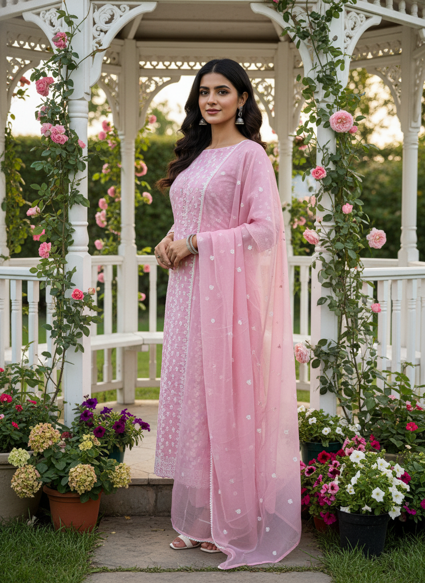 Elegant Pink Cotton Ensemble with Embroidered Chiffon Dupatta (51606)