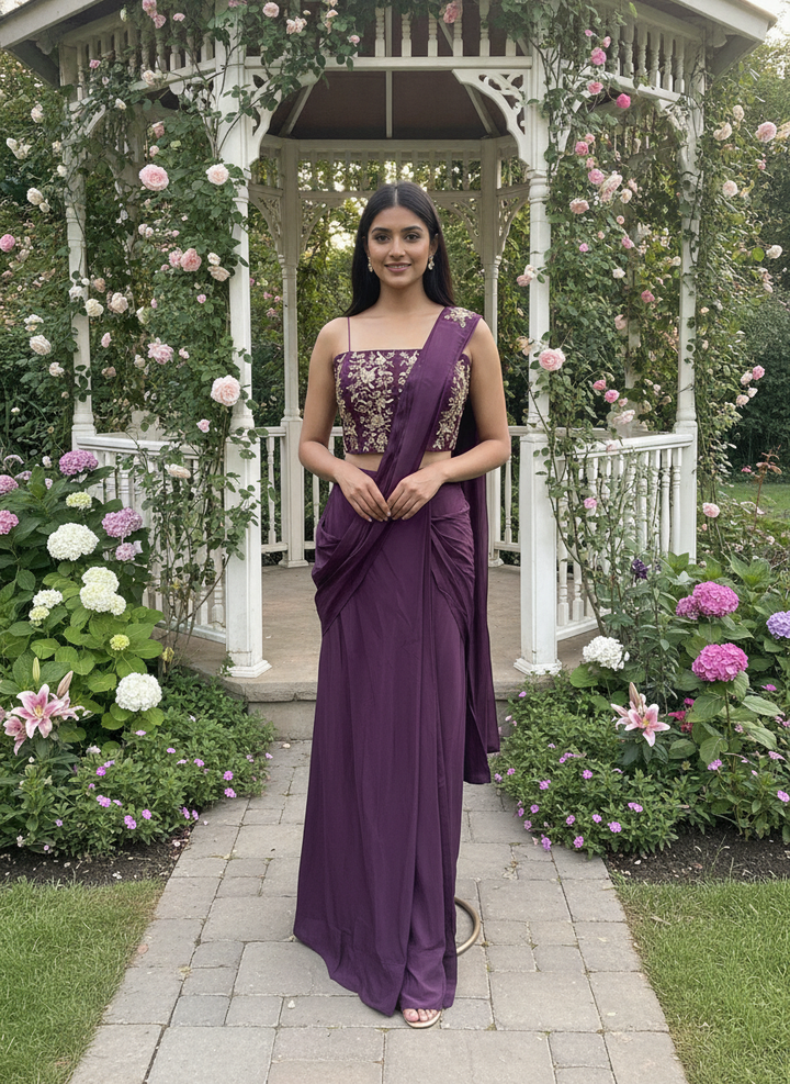 Wine Silk Embroidered Saree with Lustrous Drape (56438)