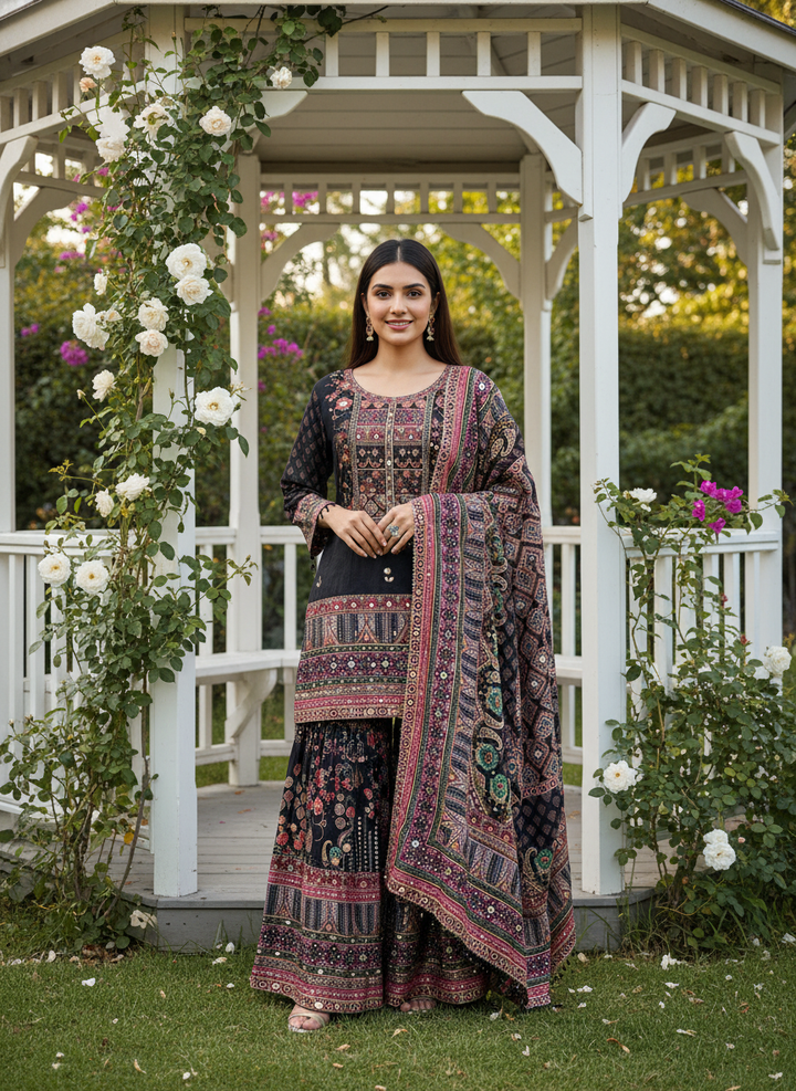 Midnight Garden Black Muslin Embroidered Sharara (41365)