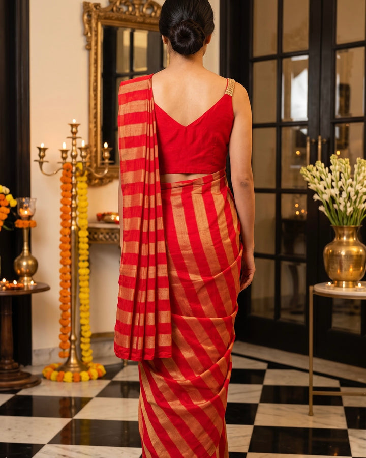 Embroidered Red Chinnon Pre-draped Saree and Blouse set (59834)