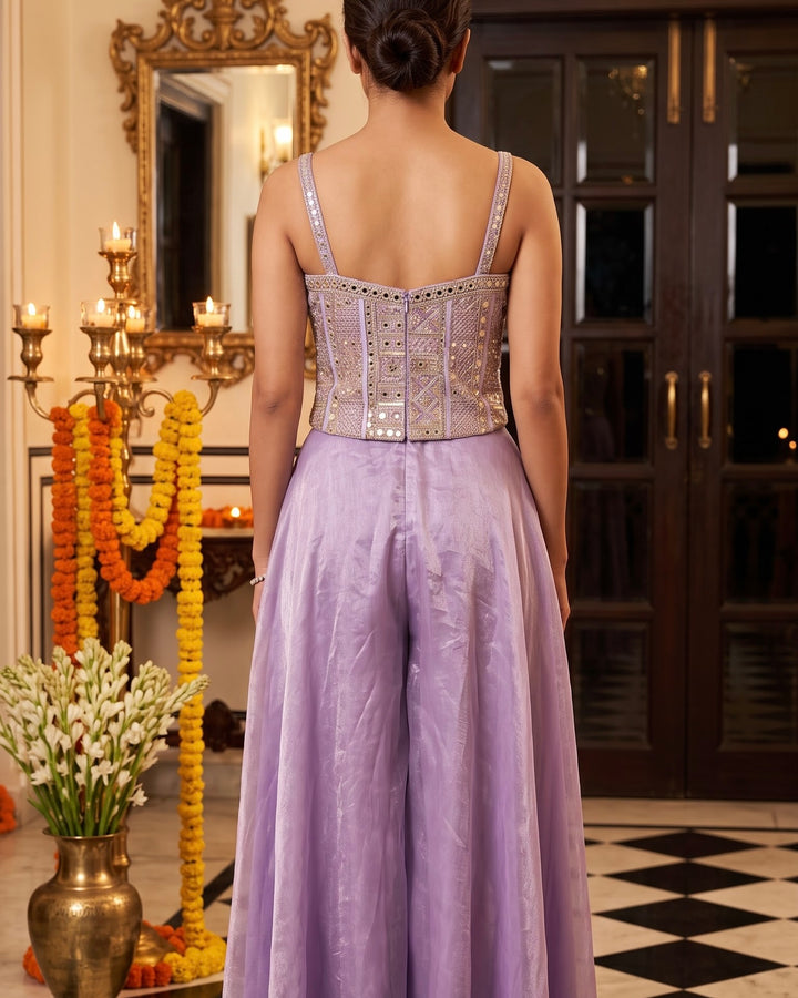 Purple Embroidered Tissue Corset Blouse Palazzo Set (60868)
