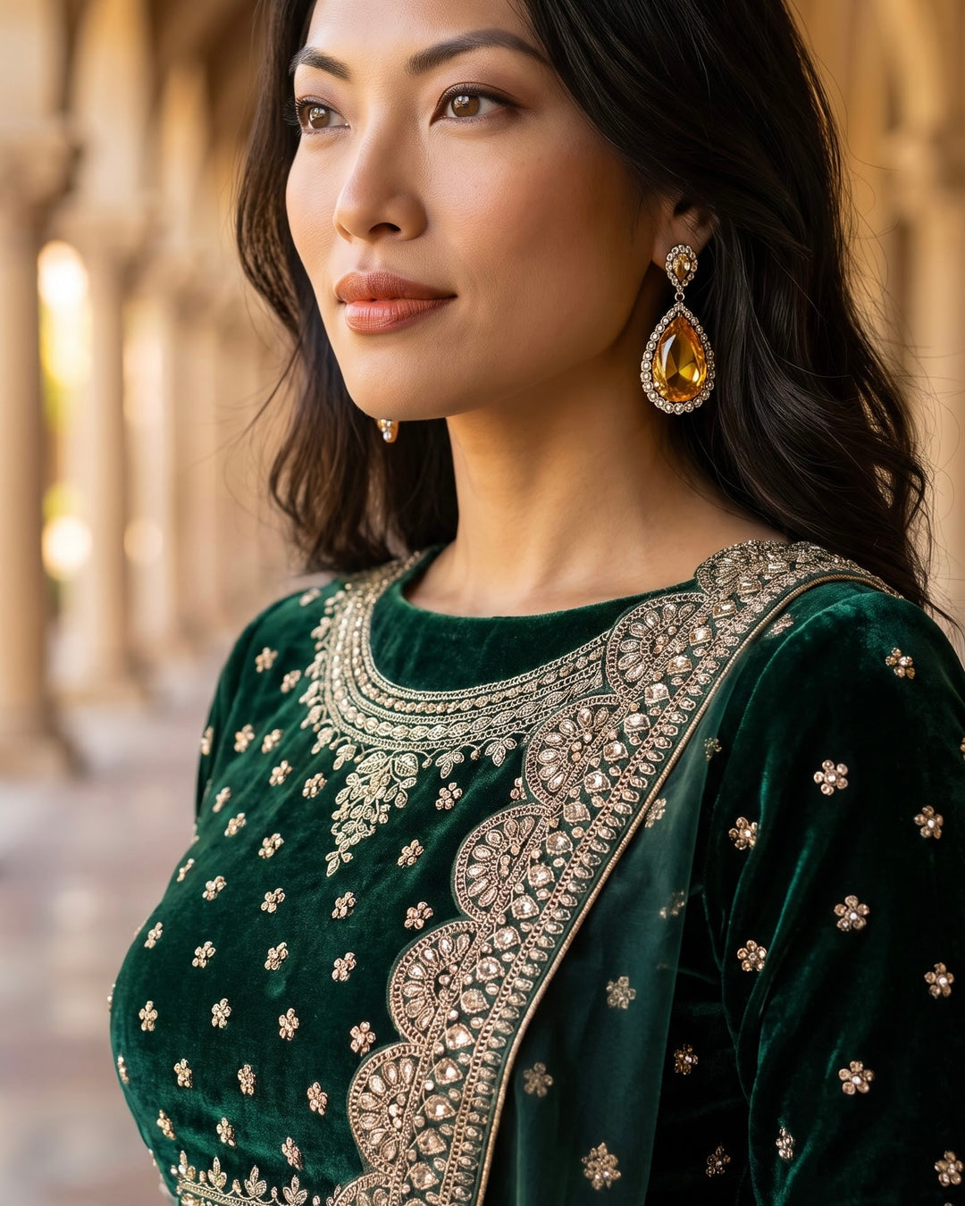 Emerald Velvet Embroidered Bridal Lehenga (40021)