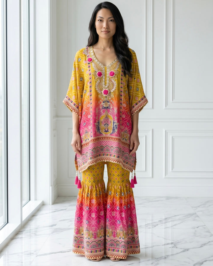 Mustard Crepe Embroidered Festive Kaftan (50329)