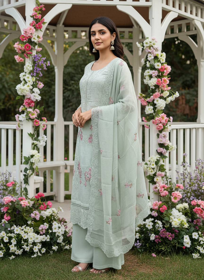 Light Green Organza Embroidered Unstitched Fabric (50925)