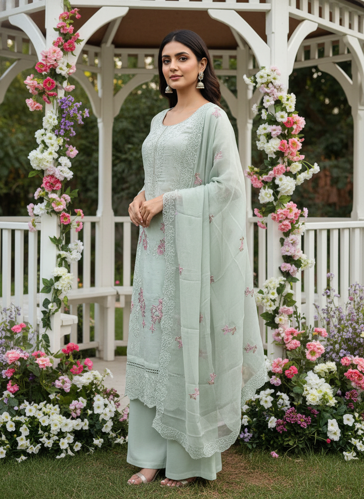 Light Green Organza Embroidered Unstitched Fabric (50925)