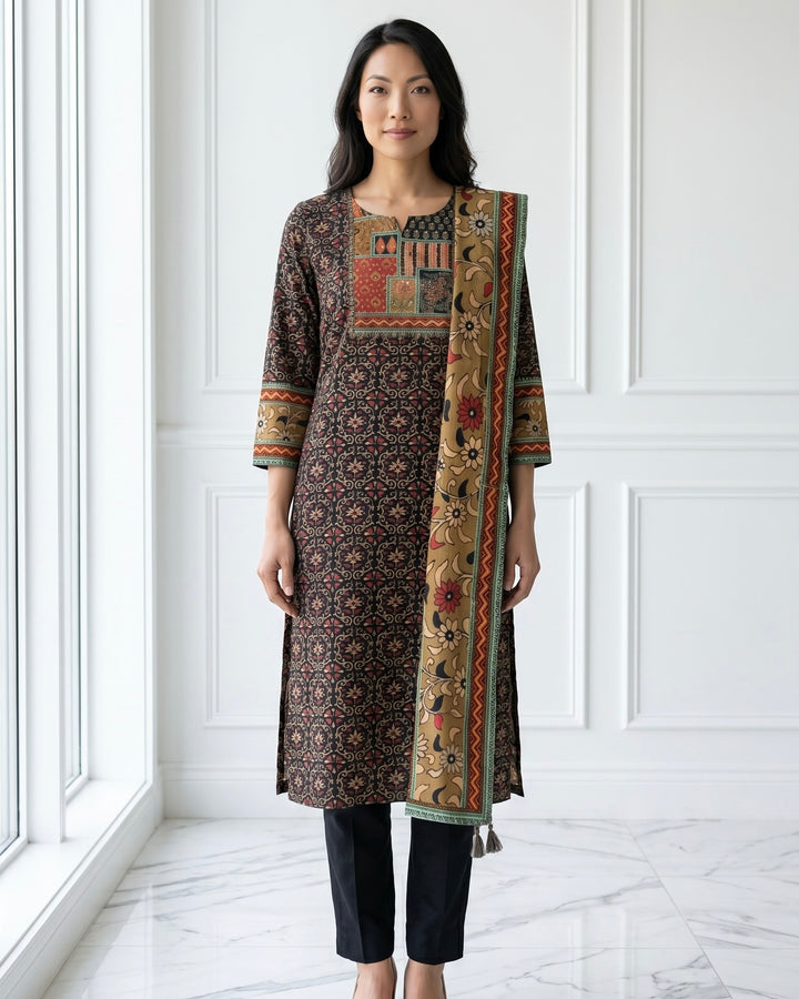 Printed Embroidery Blue Silk Festive Ensemble (36983)