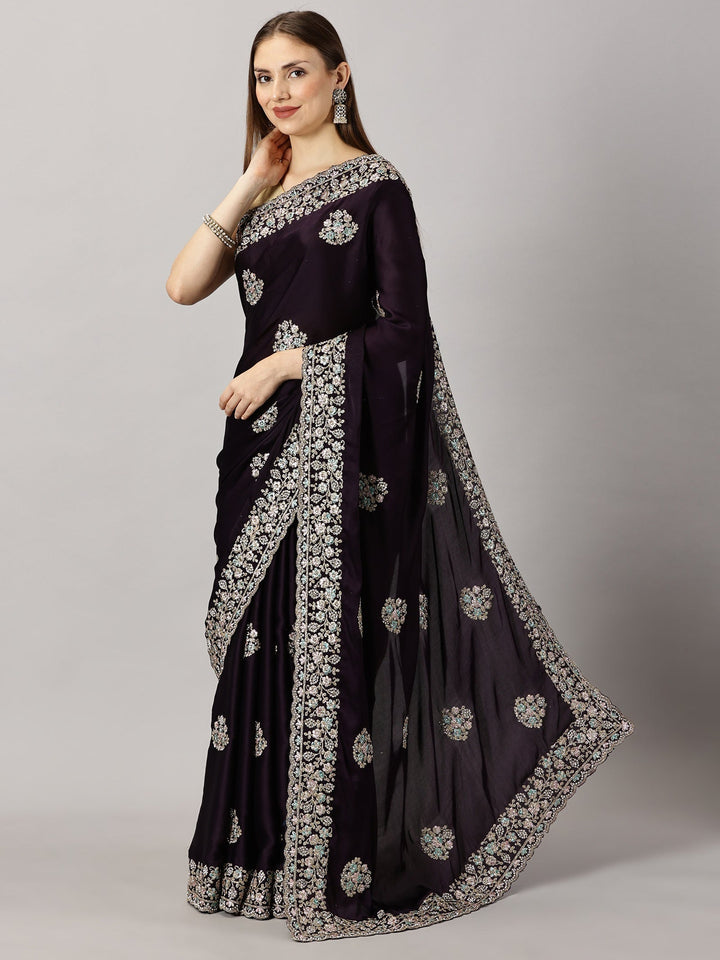 Yamuna - Satin Georgette Wine Zari Embroidered Saree (33095)