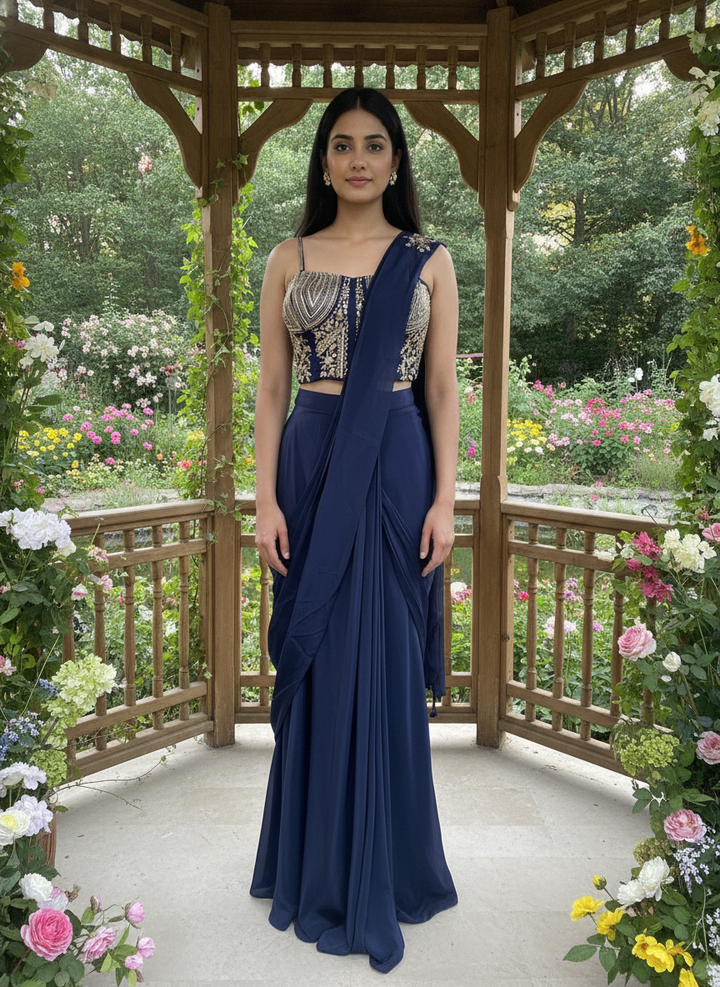 Navy Blue Silk Palazzo Suit with Embroidery (56442)