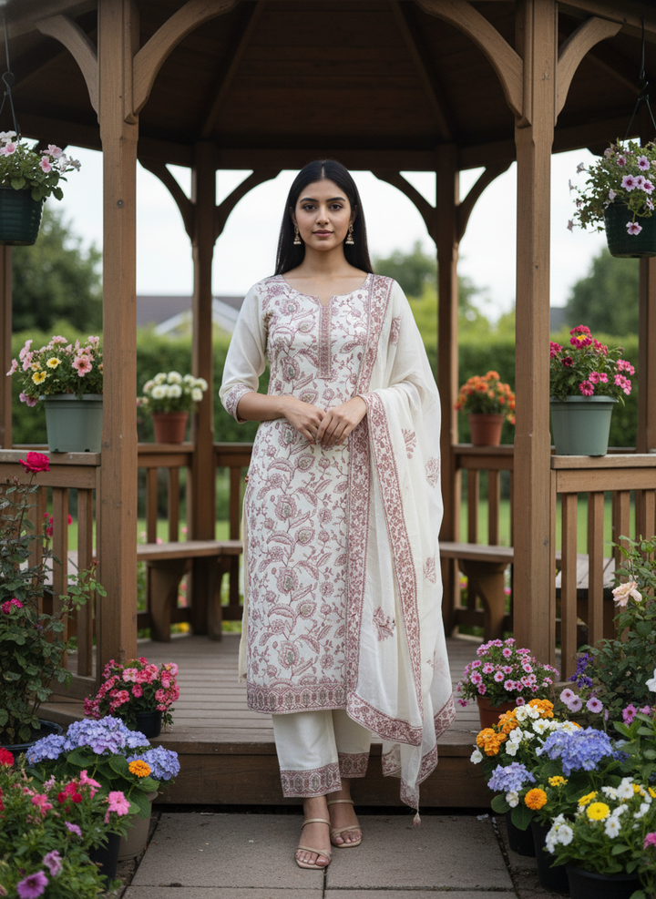 Cream Upada Silk Embroidered Unstitched Suit (49468)