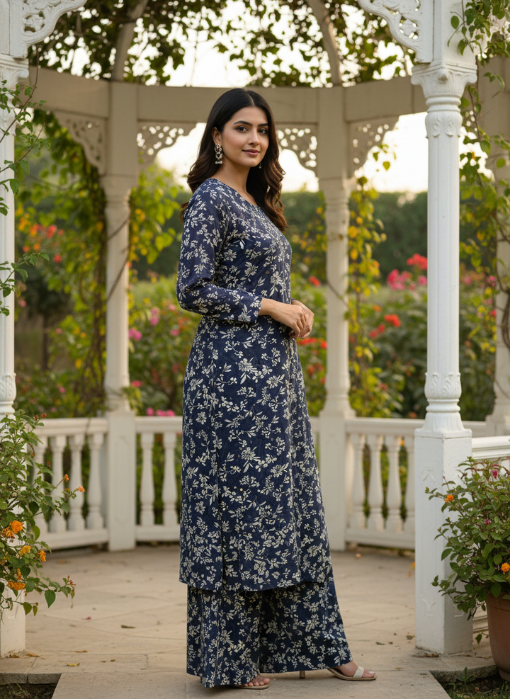 Navy Blue Mull Printed Embroidery Drape (54404)