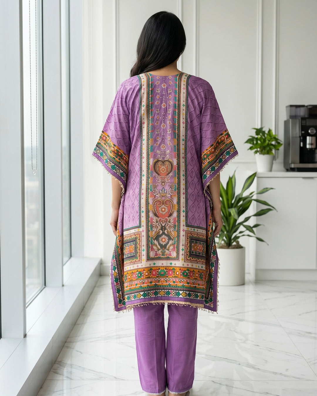 Lavender Muslin Embroidered Festive Kaftan (42197)