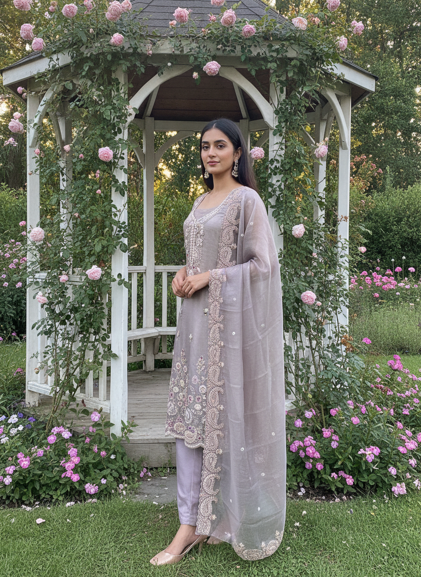 Lavender Organza Embroidered Festive Ensemble (58467)