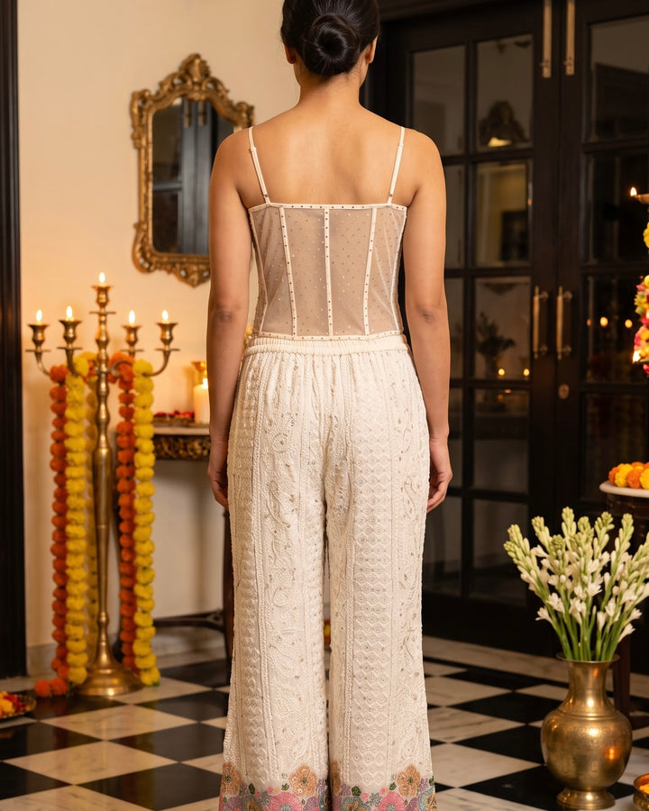 Cream Georgette Embroidered Corset Blouse Pant Set (56563)