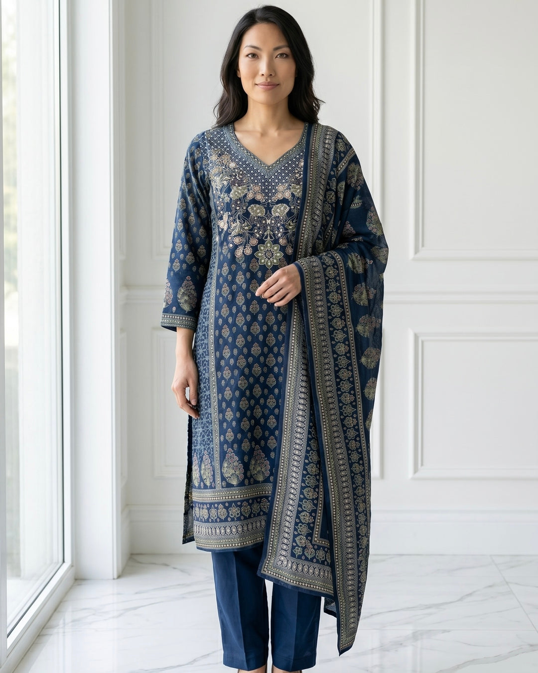 Peacock Blue Embroidered Crepe Dupatta (56058)