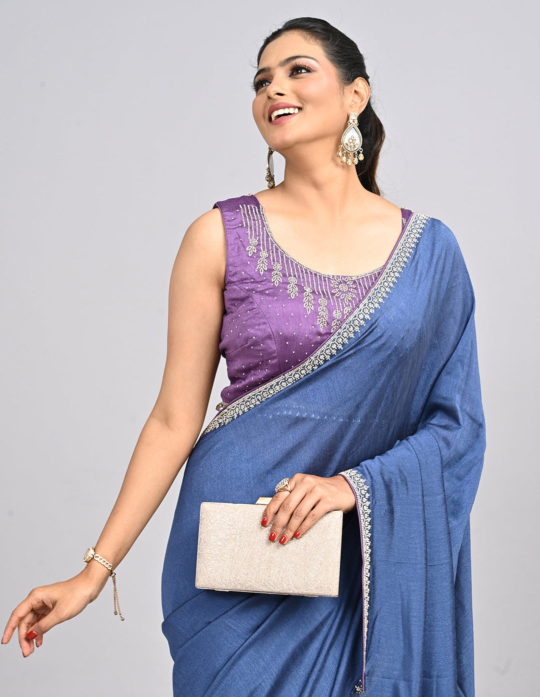 Inaaya – Blue Silk Saree with Swarovski Border & Self-Coloured Blouse | Fazals (47127)