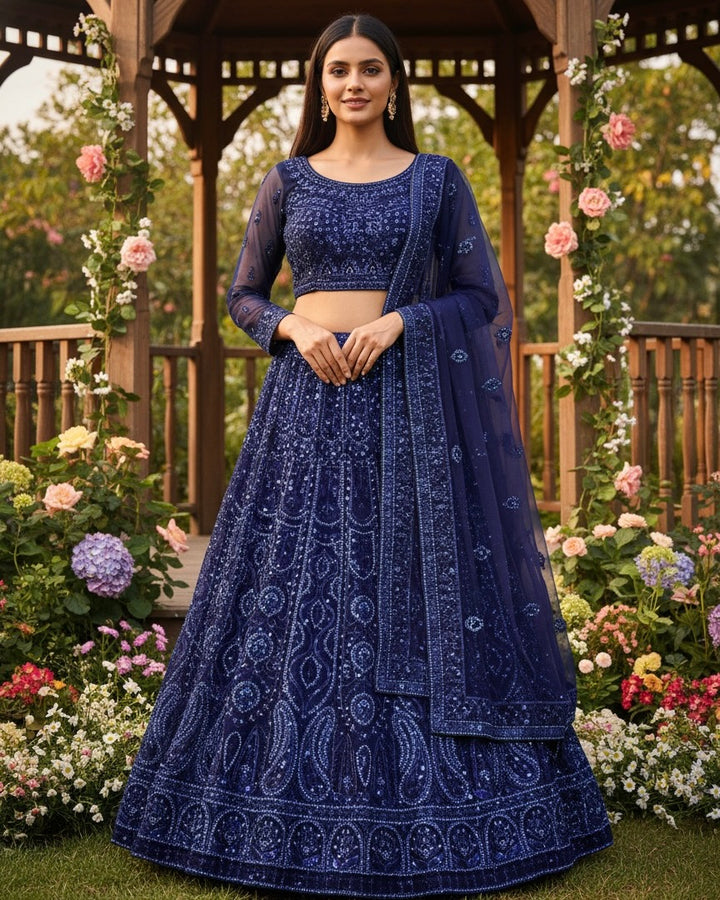 Blue Embroidered Net Bridal Dupatta (44499)