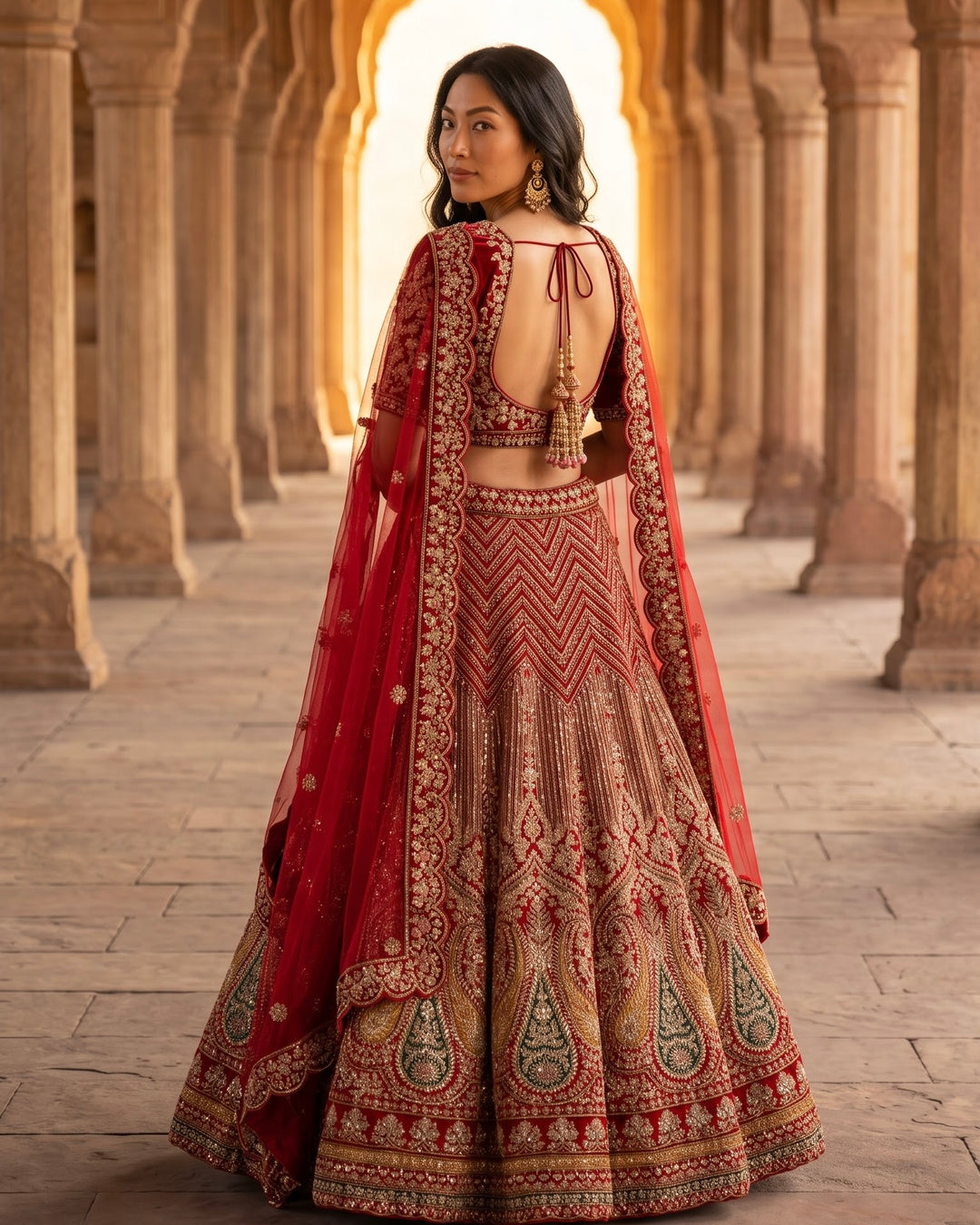 Crimson Velvet Bridal Lehenga with Embroidery (51899)