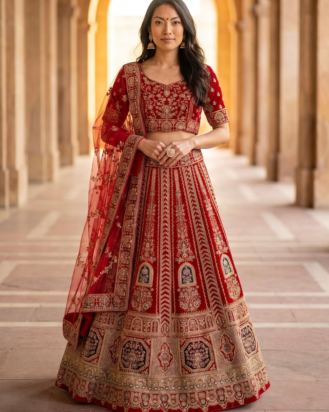 Maroon Velvet Bridal Lehenga with Zari Embroidery (44354)