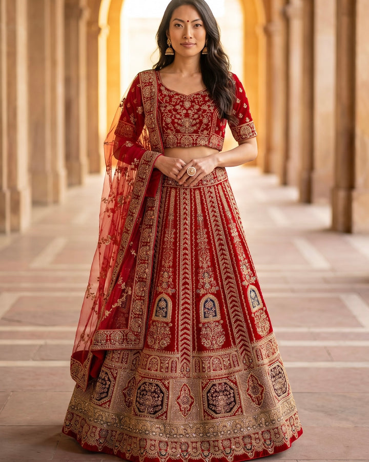 Maroon Velvet Bridal Lehenga with Zari Embroidery (44354)