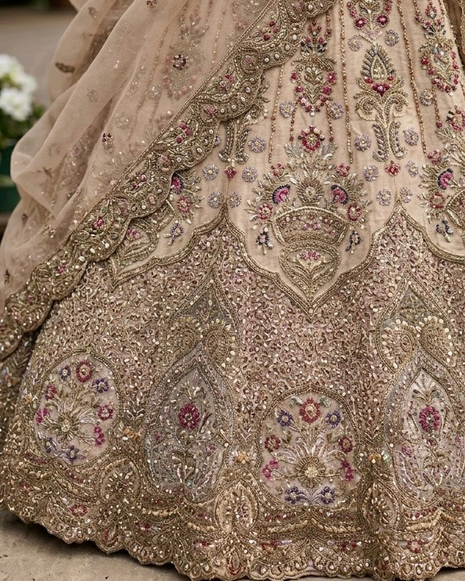 Beige Embroidered Net Bridal Dupatta Ensemble (54321)