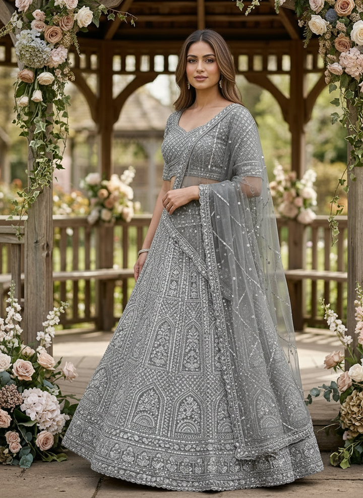 Embroidered Grey Net Dupatta with Elegant Detailing (55077)