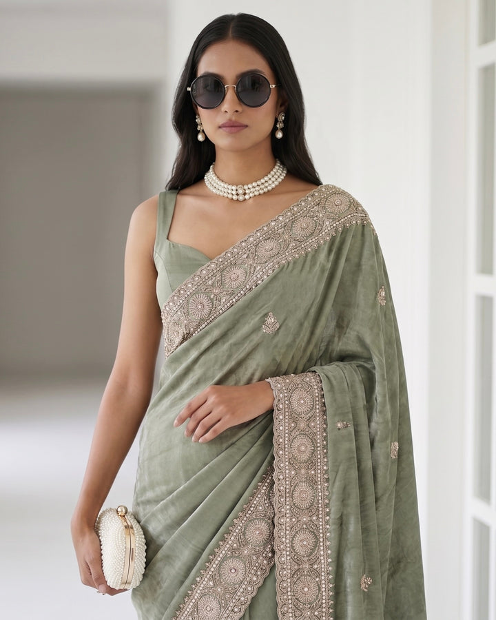Emerald Embroidered Organza Saree Elegance (54587)