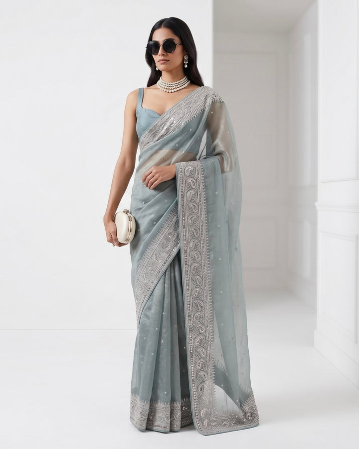 Ethereal Light Blue Embroidered Organza Saree (54588)