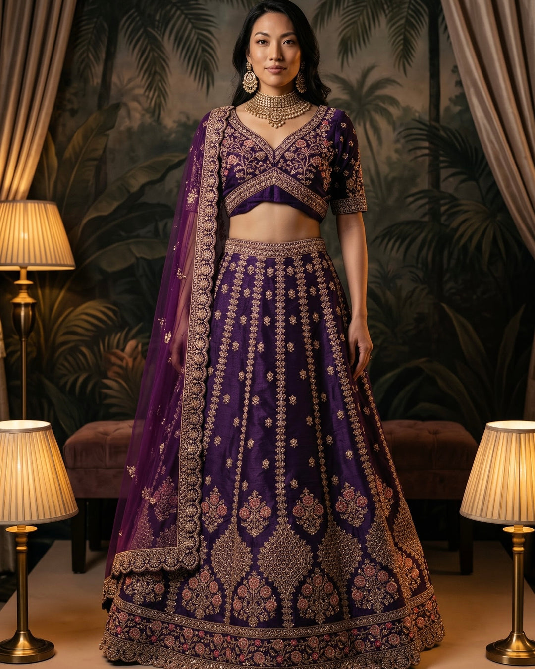 Embroidered Purple Silk Bridal Lehega (52296)