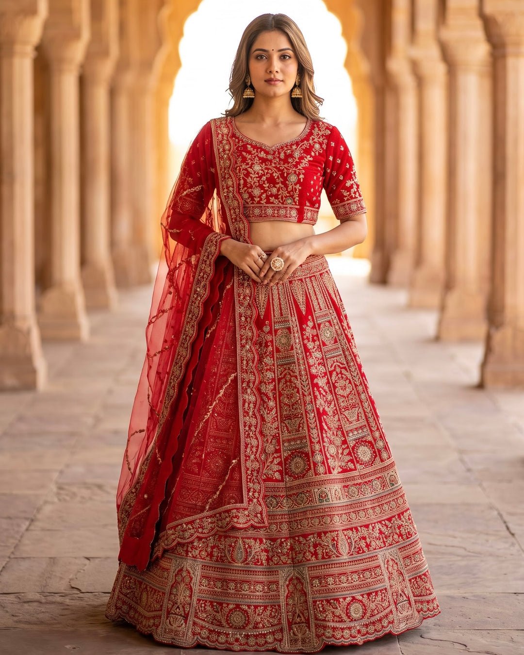 Scarlet Velvet Bridal Embroidered Lehenga (45714)