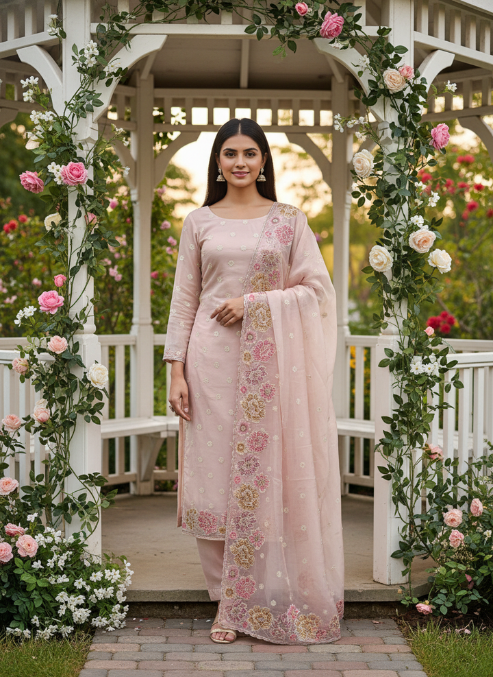 Embroidered Blush Organza for Festive Elegance (52413)
