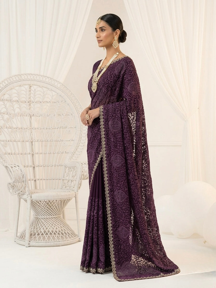 Purple Embroidered Organza Saree with Allover Elegance (54580)