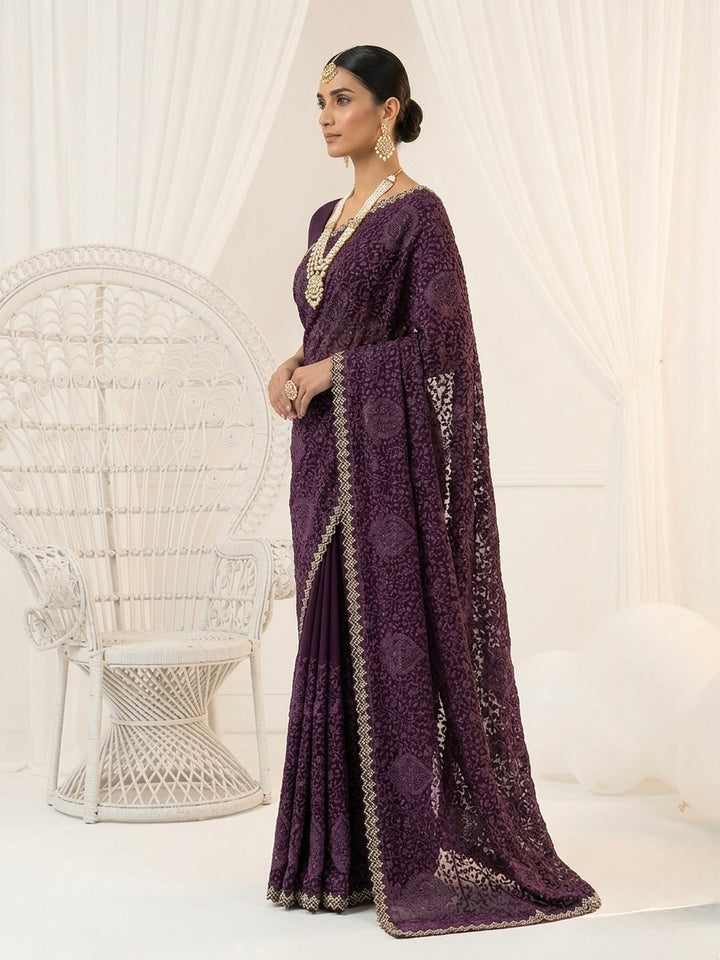 Purple Embroidered Organza Saree with Allover Elegance (54580)