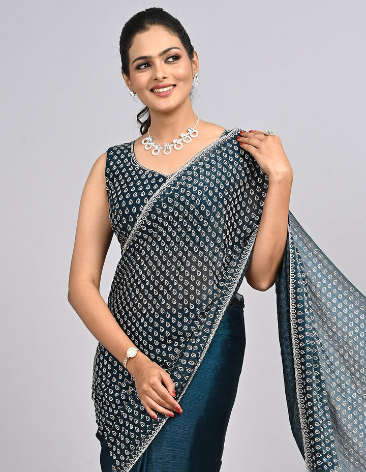 Shanzay – Blue Chinnon Saree with Stonework & Self-Coloured Blouse | Fazals (48099)