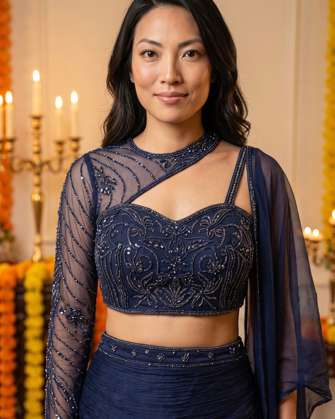 Blue Chinnon Embroidered blouse with Drape Skirt (60871)