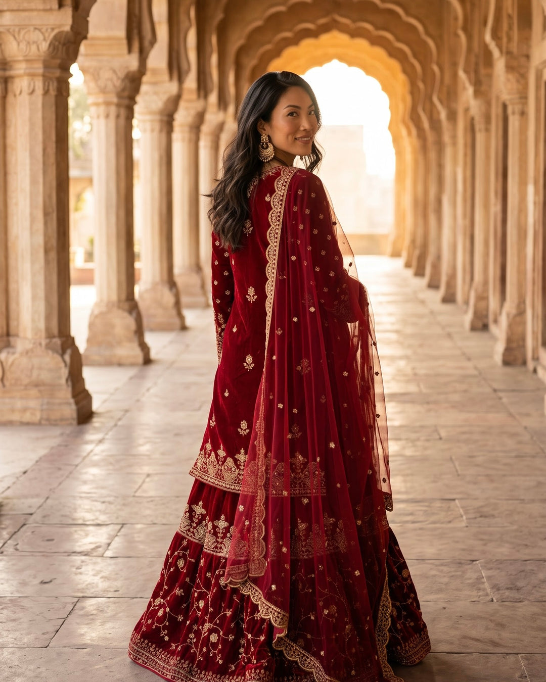 Maroon Velvet Embroidered Farshi Ensemble (59228)