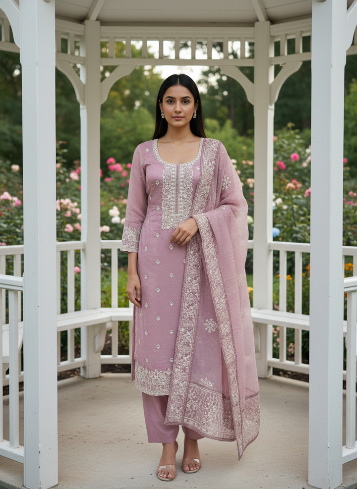 Pink Organza Embroidered Festive Unstitched Fabric (55208)