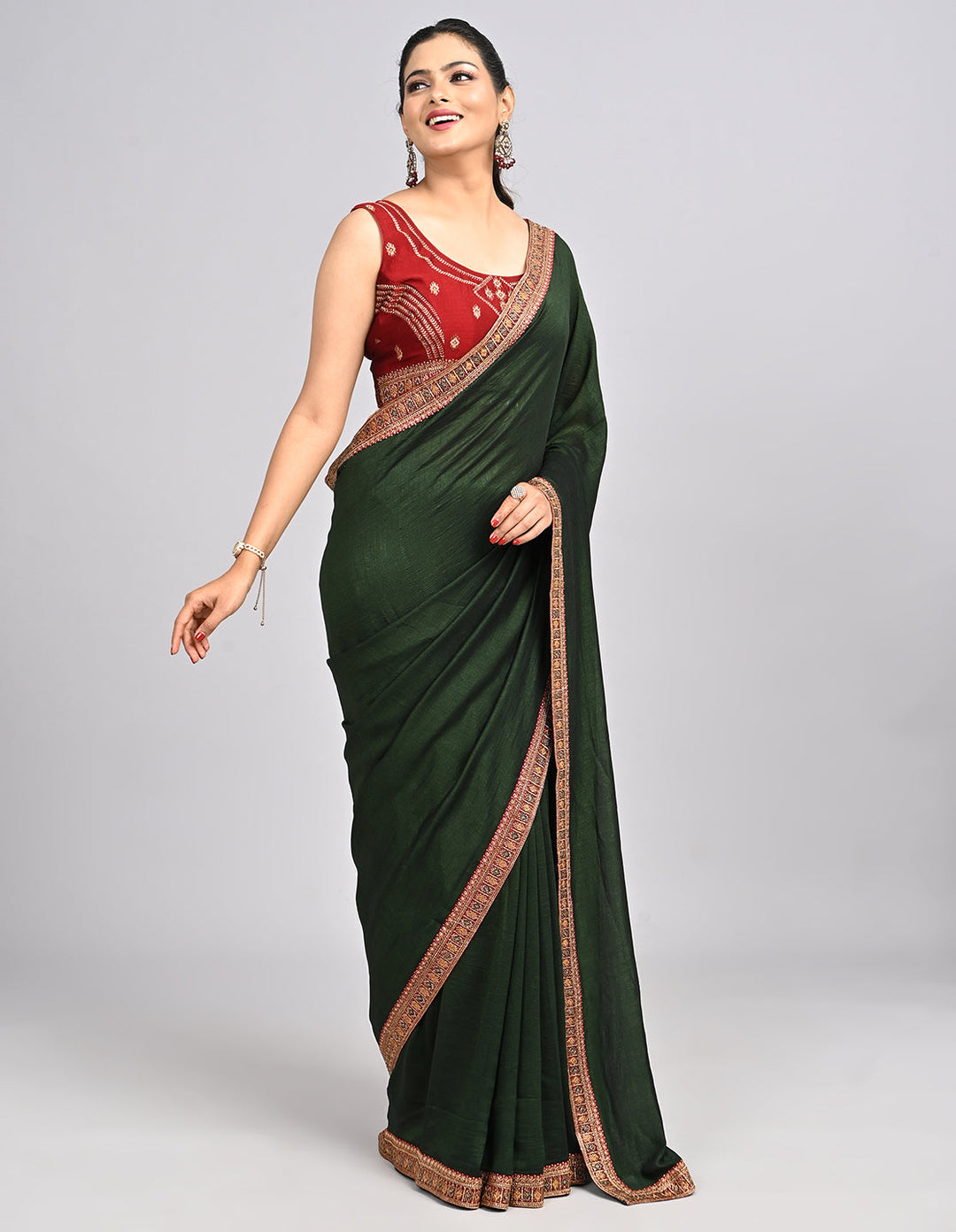 Ishra – Green Silk Saree with Zari Border & Contrast Blouse | Fazals (46569)